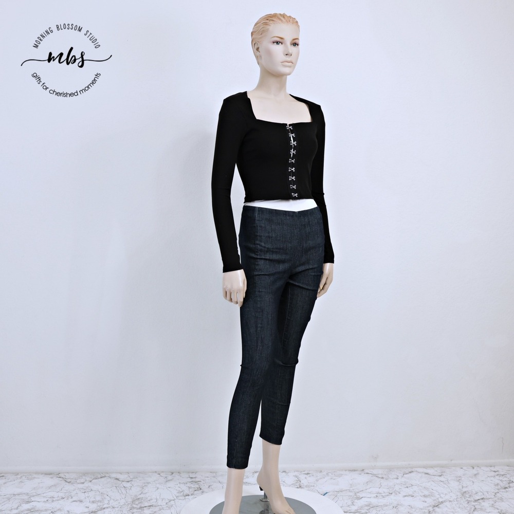 Attirance Square Neck Hook and Eye Ribbed Knit Corset Crop Top Black Women M